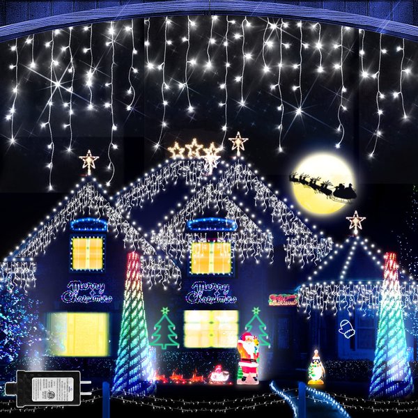 65 FT 640 LED Christmas Lights Outdoor Decorations Clear Wire String Lights Plug in 120 Drops 8 Modes Memory Timer Connectable Curtain Fairy Lights Waterproof for Holiday Wedding Party-Cool White