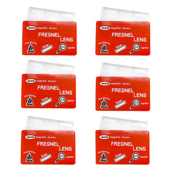 MagDepo 6 Pack Credit Card Size Magnifier Ruler Fresnel Lens Fire Starter Compact Plastic Magnifying Lens Wallet Pocket Magnifier for Reading Small Print, Maps, and Books -Red