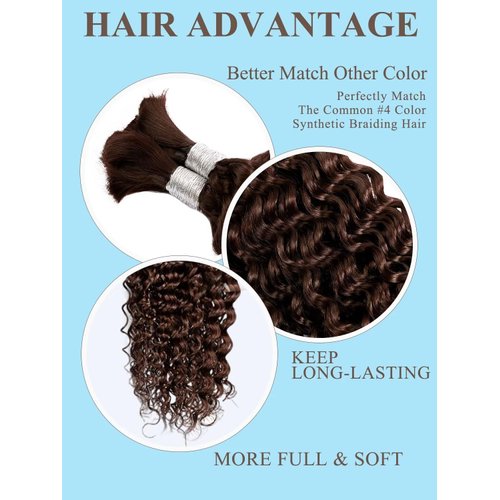 Chocolate Brown Braiding Hair 1 Bundle 50g 18 Inch Deep Water Wave Bulk Hair for Braiding 10A Brazilian Virgin Curly Human Hair Extensions for Boho Braids Wet and Wavy Color 4 Human Braiding Hair