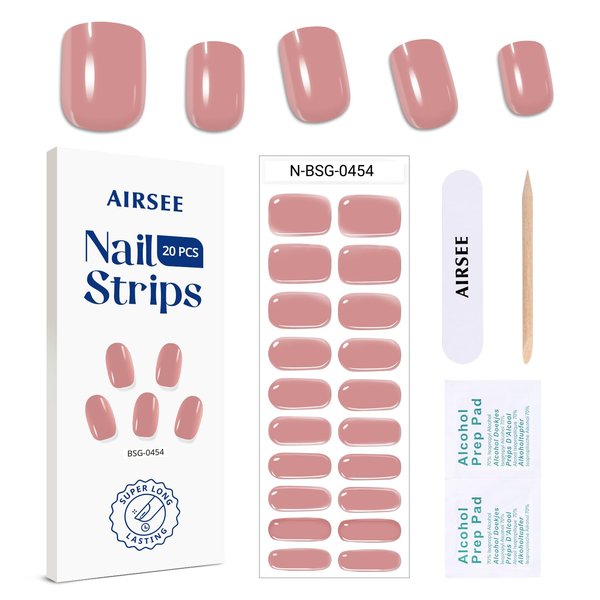AIRSEE Semi Cured Gel Nail Strips Kit(Neutral Charm)-Works with Any UV Nail Lamps Light, Salon-Quality,Long Lasting, Easy to Apply & Remove - Includes 20Pcs 2 Prep Pads, Nail File & Wooden Stick