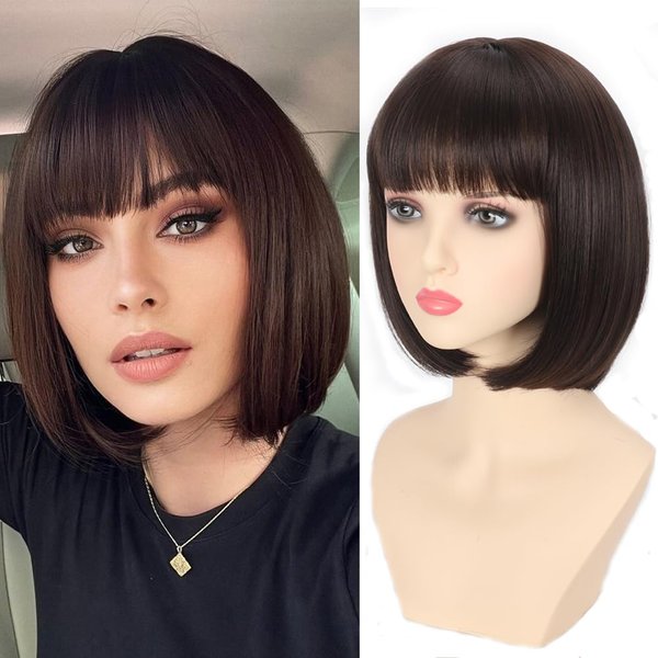 Refined Short Bob Wigs With Bangs 12 inch Straight Synthetic Cosplay Party Wig For Women Daily Use Colorful Hair Wigs (#4, 12 Inch)
