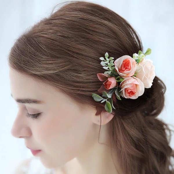 Fangsen Wedding Boho Pink Rose Babysbreath and Eucalyptus globulus Flower Hair Comb Bridal Headpiece Floral Hair Accessories for Brides and Bridesmaids Silver (Ivory)