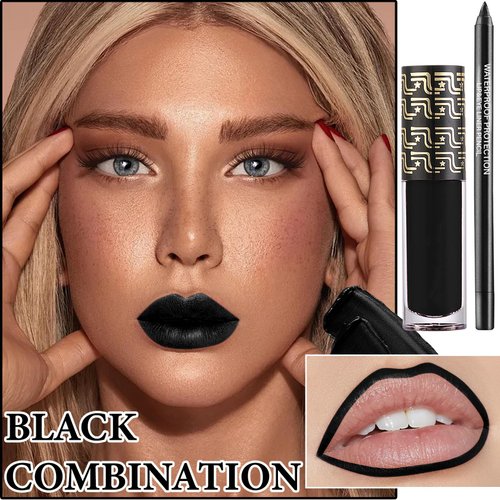WENJLYJ 2Pcs Lip Liner and Lipstick Set,Black Liquid Lipstick and Lipliner Set,Matte Lipstick Lip Stain Long Lasting Waterproof Velvet Black Lip Gloss Set for Halloween Cosplay Gothic Makeup