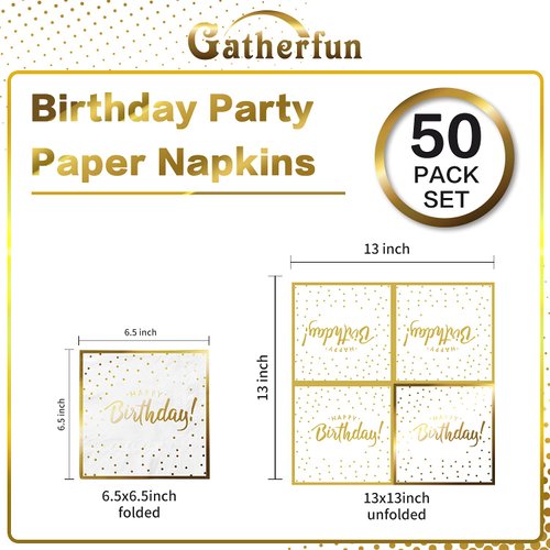 Gatherfun Birthday Party Supplies Napkins Disposable Paper Napkins with Gold Stamping for Adults and Kids Birthday Party（6.5X6.5 in, 3-Ply, 50-Pack)