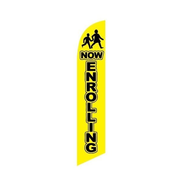 Windless Full Sleeve Swooper Flag NOW ENROLLING Yellow Black w Children