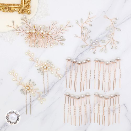 Braveamor Bridal Hair Accessories Wedding Pearls Hair Pins Crystal Rhinestone Headpieces Hair Piece Hair Side Comb for Bride Bridesmaid (24 Pack)(Rose Gold)