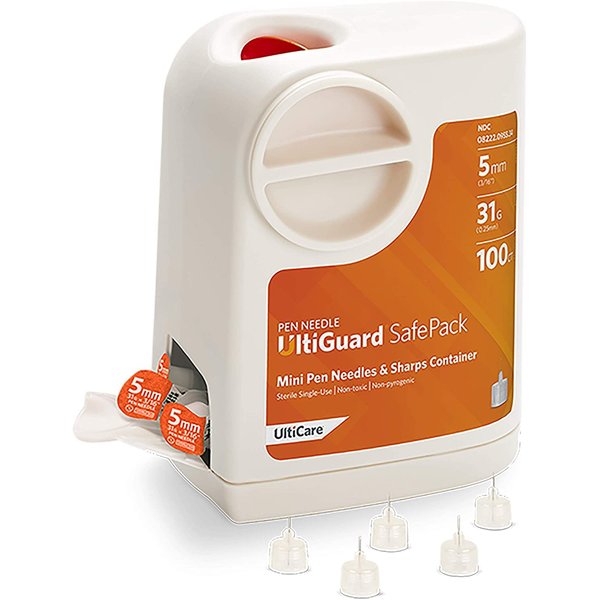 All-in-One UltiGuard Safe Pack Pen Needles and Sharps Container for at-Home Insulin Injections and Safe Needle Disposal, Size: Mini 5mm (3/16”) x 31G, 100 Count