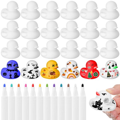 Lenwen 24 Pcs Blank DIY Rubber Ducks with 12 Pcs Paint Markers 12 Colors Acrylic Paint Pen Bulk Mini White Rubber Ducks for Kids Bathtub Pool Summer Beach Birthday Party Favors Painting Gifts
