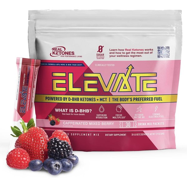 Real Ketones MCT & BHB Exogenous Ketones Drink Mix Packets Elevate Keto Electrolytes Powder Packets No Sugar with 4 Main Electrolytes Plus Hydrating Proprietary Keto BHB - 30 Pack Mixed Berry