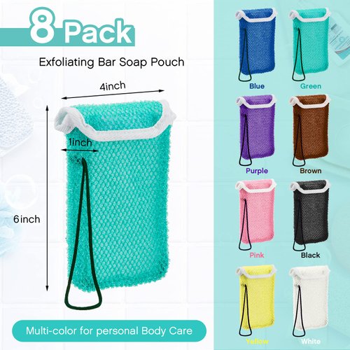 8 Pcs Soap Saver Pouch Body Scrubber Exfoliator and Soap Holder Loofah Soap Savers for Bar Soap Wash Soap Cover Soap Bag with Rope Exfoliating Sponge for Bath Shower Travel Face Hand Women, 8 Colors