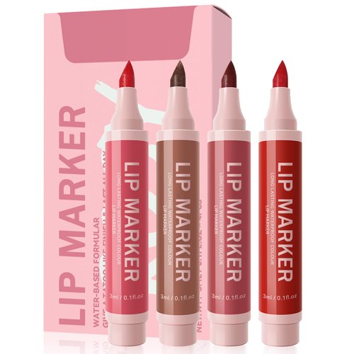 Lip Stain Marker Pen Set-4 Pcs Hydrating Lip Stain Liquid Lip Liner Pencil Kit, Matte Color Look, Longlasting Waterproof Smudgeproof Natural Finish,Precise Chisel Tip Smooth, Makeup Gift for Women