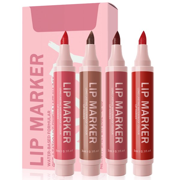 Lip Stain Marker Pen Set-4 Pcs Hydrating Lip Stain Liquid Lip Liner Pencil Kit, Matte Color Look, Longlasting Waterproof Smudgeproof Natural Finish,Precise Chisel Tip Smooth, Makeup Gift for Women