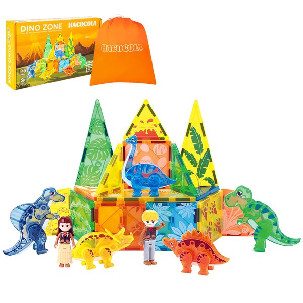 HACOCOLA Dinosaur Magnetic Tiles, Educational Magnet Tiles Building Block Toy Dino World, Learning Construction Magnetic Toys Set for Boys Girls Kids Age 3 4 5 6 7 8（49 PCS）