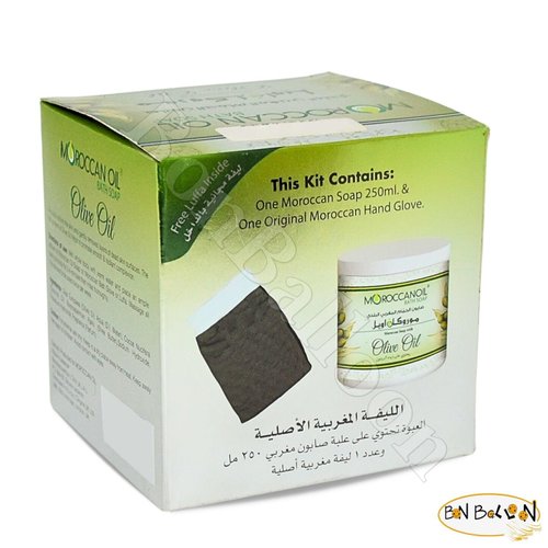 One Pack Moroccan Soap Beldi With Olive Oil & One Original Moroccan Hand Glove Bathing Natural For Body Scrub & Skin (Soap : 8.45 oz / 250 ml) صابون الحمام المغربي البلدى بزيت الزيتون مع ليفة مغربية
