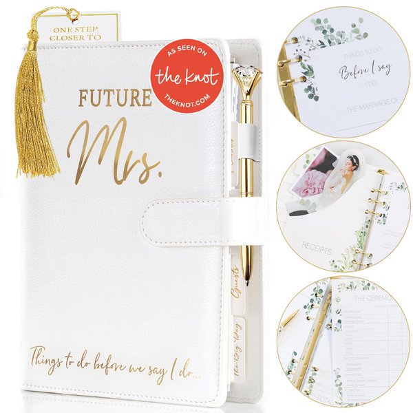Wedding Planner Book and Organizer for The Bride -Faux Leather, Gold Foil 'Future Mrs' Wedding Binder I Includes Pen, Bookmark & Stickers I Engagement Gifts for Women I Wedding Planning Book Checklist