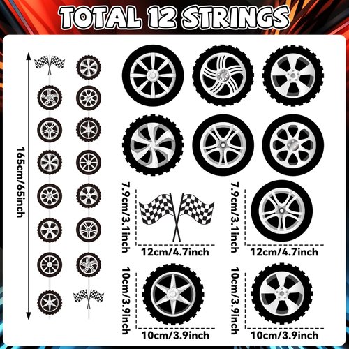 gisgfim 12 Packs Race Car Party Banners Wheel Tire Birthday Decorations Garland Kit Car Tyre Hanging Swirl Racing Car Paper Cutouts Banners Race Car Baby Shower Supplies for Kid Teen
