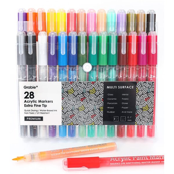 Grabie Acrylic Paint Pens - 28 Color Extra Fine Tip Markers for Painting Various Surfaces - Premium Art Supply Set