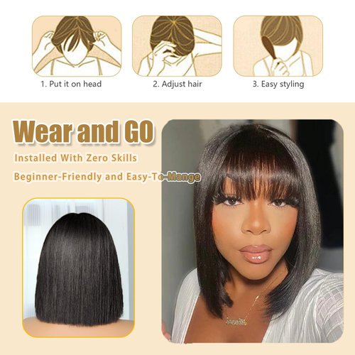 HAIRHOBBY Bob Wigs With Bangs Human Hair, 10 Inch Light Yaki Straight Realistic 2x1 HD Lace Short Black Bob Wigs For Black Woman, Wear and Go Blunt Cut Glueless Bob Wig 180 Density