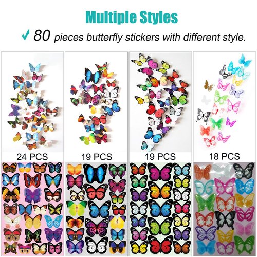 Heansun 80 PCS 3D Butterfly Wall Decor, 4 Styles Butterfly Wall Decals Removable Mural Stickers Butterfly Decorations for Home Room Bedroom Nursery Decor