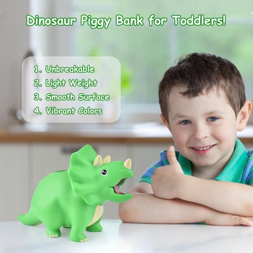 PJDRLLC Dinosaur Piggy Bank for Kids, Unbreakable Plastic Money Coin Bank for Boys and Girls, Great Gifts for Birthday, Easter, Baby Shower (Green)