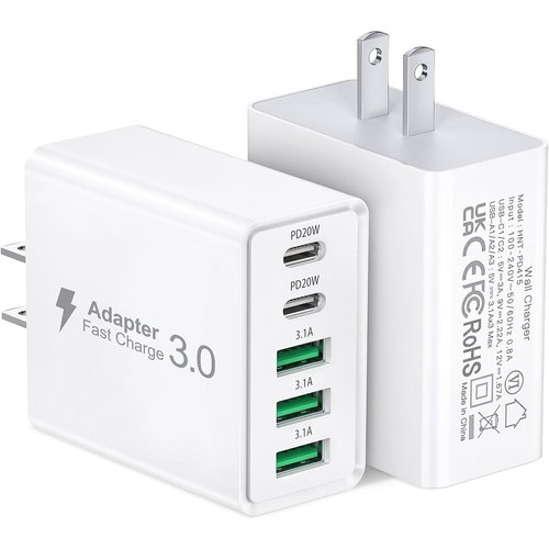 USB C Wall Charger, 50W 5-Port PD Fast USB C Charging Block,2USB C+3USB A Multiport Plug,Type C Power Adapter Brick Cube for iPhone 15/14/13/12/11/Pro Max/XS/XR,iPad,for Switch,Samsung,Tablet (2Pack)