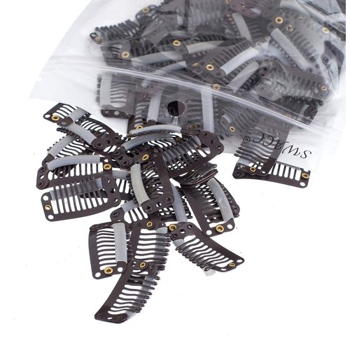 SWACC 100 Pcs U Shape Metailic Snap Clips ins for Hair Extension Hairpiece DIY Snap-Comb Wig Clips with Rubber (Brown, 9-Teeth 6 Holes)