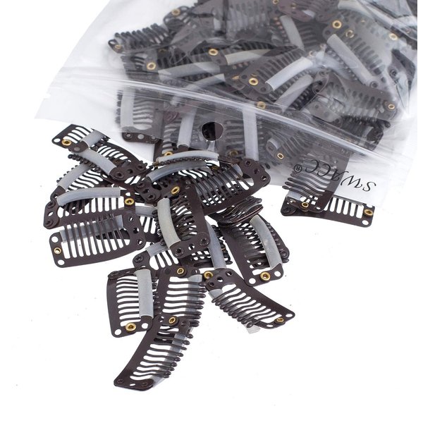 SWACC 100 Pcs U Shape Metailic Snap Clips ins for Hair Extension Hairpiece DIY Snap-Comb Wig Clips with Rubber (Brown, 9-Teeth 6 Holes)