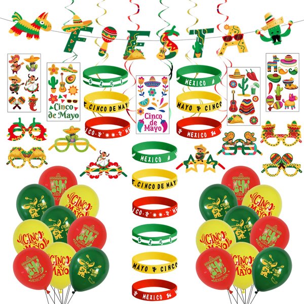 Zeuku Cinco de Mayo Decorations, Cinco de Mayo Party Favors Decor for Kids Adults, Mexican Fiesta Party Decorations Backdrop, Mexican themed Party Supplies for Home with Balloons, Stickers, Paper