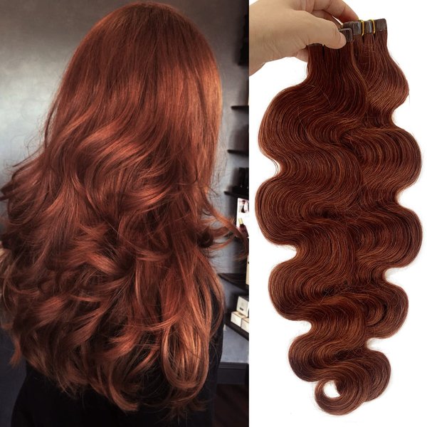Body Wave Tape in Hair Human Hair Extensions Seamless Skin Weft Mapel Leaf Red Colored Hair Extensions 20pcs 50g/pack Invisible Adhesive Tape in 100% Remy Hair Extensions(20Inch #33 Dark Auburn)