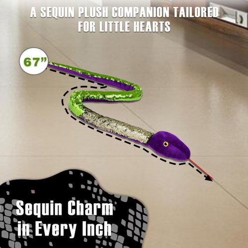 Forest & Twelfth 67” Reversible Flip Sequin Snake Stuffed Animal Toys for Kids, Sensory Fidget Toy, Soft Plush, Cool Room Decor for Girls & Boys (Lime Green)