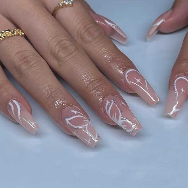 Foccna Butterfly Fake Nails, Artificail Extra Long Press on Nails, Glitter Acrylic Pink Full Cover Fake Nails with Design Nail Tips for Women&Girls, 24PCS