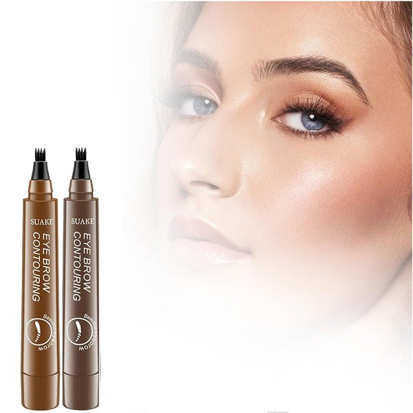 Magic Eyebrow Pencil, Microblading Eyebrow Pencil Contouring Pen, 4 Tipped Precise Brow Pen, Fine Stroke Microblading Eyebrow Pencil Natural (Dark Brown*2)