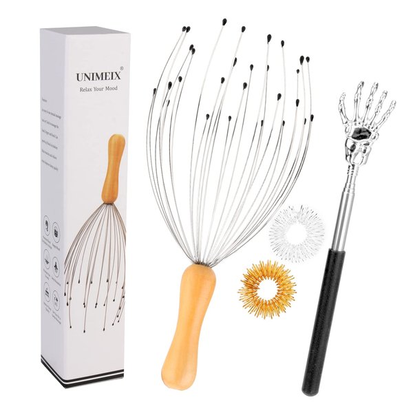 UNIMEIX 4 Pack Head Scratcher Scalp Massager with Finger Massager Rings and Extendable Back Scratcher, 28 Fingers Scalp Massagers Set for Deep Relaxation and Stress Relief