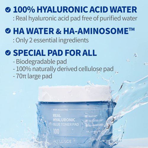 WELLAGE Real Hyaluronic Blue Toner Pad – Quick Soothing & Moisturizing Face Pads with Hyaluronic Water - Irritation Free Exfoliating Toner Pads for Skin Smooth, 70 Sheets