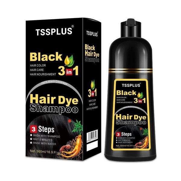 TSSPLUS Black Hair Dye Shampoo, 500ml - Organic Natural Hair Color Dye Shampoo for Women & Men, Instant Gray White Hair Cover, Plant Essence, Semi-Permanent