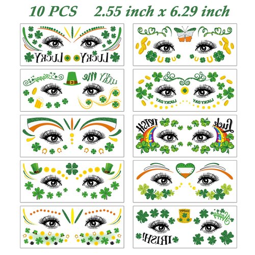 EVECILOO 10 Pcs St Patricks Day Face Tattoos, Shamrock Tattoo Stickers, Irish Stickers Green Face Tattoo Kit, Saint Patricks Day Irish Parade Party Favors Body Decoration Make Up for Kids