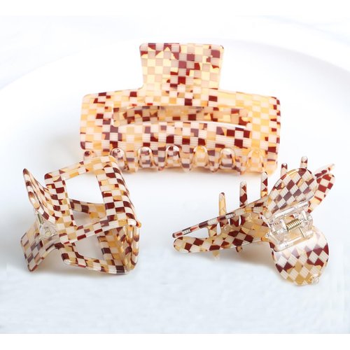 Checkered Hair Claw Clips,Pack of 3,Vintage Amber Checkered Claw Clips Cellulose Acetate Banana Clips,Nonslip Hair Clamp for Women Girls (Amber)