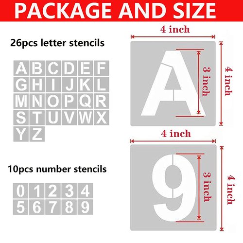 4 Inch Letter Stencils and Numbers, 36 Pcs Alphabet Art Craft Stencils, Reusable Plastic Art Craft Stencils for Wood, Wall, Fabric, Rock, Chalkboard, Signage, DIY School Art Projects (4 Inch)