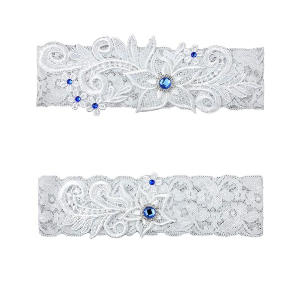2 Pieces Wedding Bridal Garters Lace Garters Floral Garters with Blue Rhinestone for Wedding Party (White)