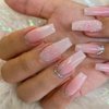 Coffin Press on Nails Medium Fake Nails Gradient Pink White Acrylic Nails Glossy False Nails Luxury Artificial Nails with Rhinestone Design Full Cover Stick on Nails Cute Glue on Nails for Women Girls