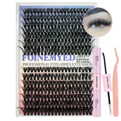 Individual Lashes Kit 280Pcs Fluffy Lash Clusters 60D D Curl DIY Lash Extension Kit with Lash Bond and Seal and Lash Applicator 10-16mm Eyelash Extension Kit DIY at Home, by FOINEMYED