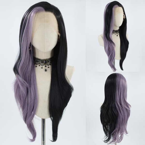ZHYWIGS Synthetic Lace Front Wigs Long Highlight Purple Black Split Hair Heat Resistant Half Black Purple Side Part 24Inch Long Party Wigs