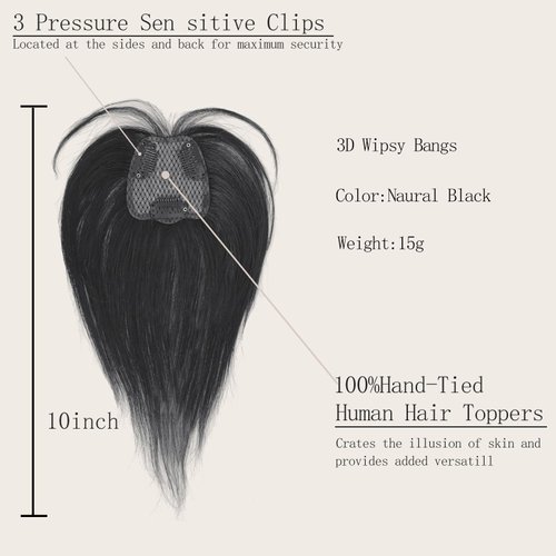 VIJIGIA Hair Toppers for Women Real Human Hair, 10 inch 3D Wipsy Bangs Women Hair Toppers for Thinning Hair, Clip in Hair Topper Top Hair Extensions, Swiss Base 2.5"x3", Natural Black