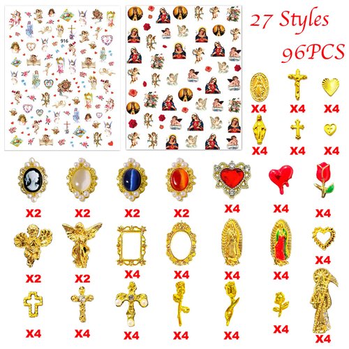 Gehaiwo 96PCS Gold Nail Charms for Acrylic Nails,Alloy Red Heart Cross Rose Flower Angel Frame Nail Decoration,Nail Art Rhinestone Nail Gems Nail Jewels Accessories for Nail Art Supplies DIY Nail