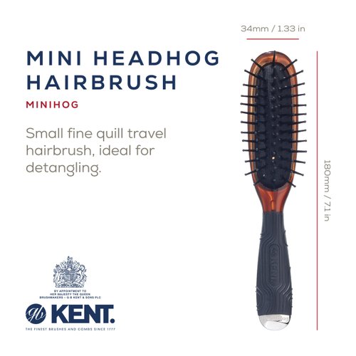 Kent KB Minihog Headhog Detangling Travel Hair Brush, Black Rubber Cushion Detangler Brush and Scalp Brush with Firm Rounded Plastic Bristles for Women Men and Kids Everyday Care, Made in England