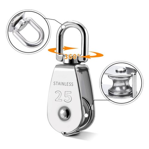 TooTaci 25MM Pulley System with Rope and Hooks, 304 Stainless Steel M25 Pulley Block Set,inlclude 2pcs M25 Single Pulley Wheel,66ft Nylon Pulley Rope & Carabiner, for Indoor Outdoor Lifting Project