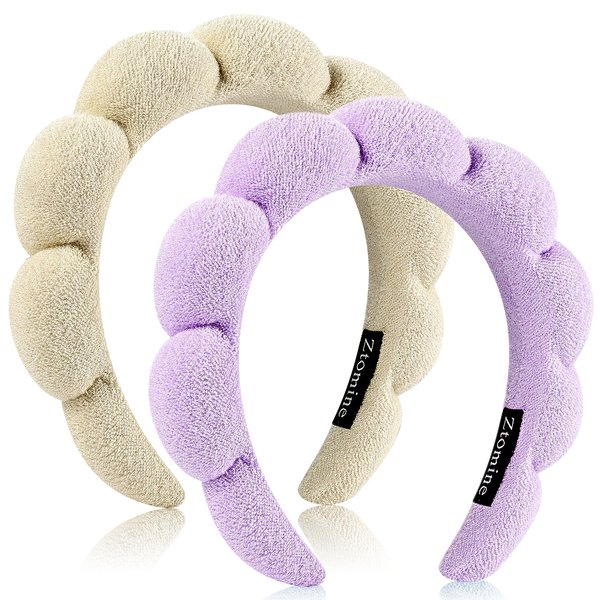 Ztomine Spa Headbands for Washing Face or Facial, Set of 2 Skincare Headbands, Terry Cloth Headband Face Wash Headband Combo Pack - Puffy Makeup Headbands for Face Washing, Mask(beige + purple)