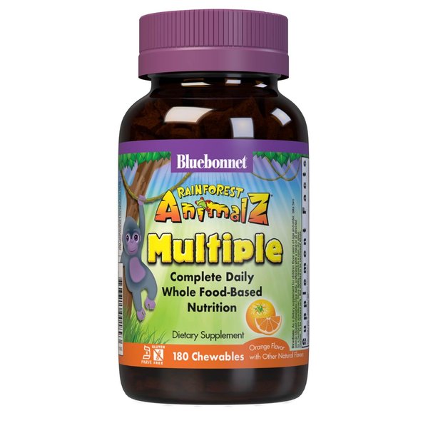 Bluebonnet Nutrition Rainforest Animalz Whole Food Based Multiple Chewable Tablet, Kids Multivitamin & Mineral, Vitamin C, D3, Iron, Gluten Free, Milk Free, Kosher, 180 Chewable Tablets, Orange Flavor