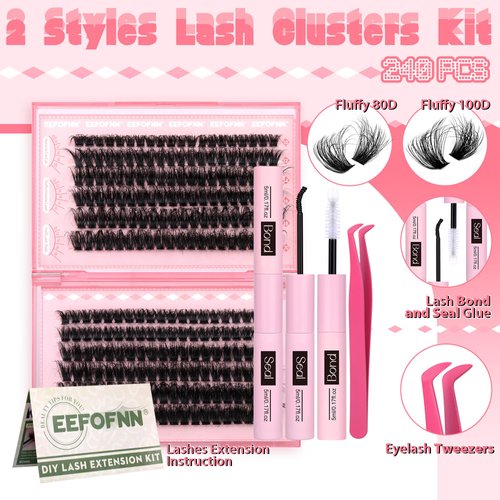 Eefofnn Fluffy Lash Extension Kit 240pcs DIY Individual Eyelashes Kit 80D+100D Cluster Lashes with Bond and Seal Lash Glue Tweezers 10-20MM D Curl Volume Eyelash Extensions DIY Lashes Extension Kit