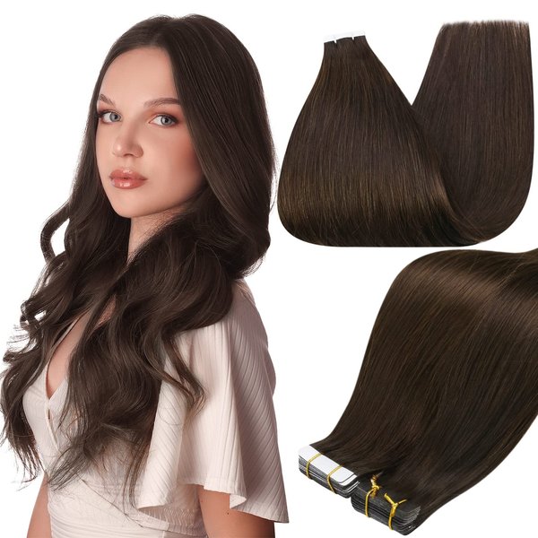 Full Shine Tape in Human Hair Extensions 14 Inch Skin Weft Adhesive Tape in Hair Extension Color 2 Dark Brown Glue in Remy Human Hair Tape in Extensions 20Pcs 50g Thick End Hair
